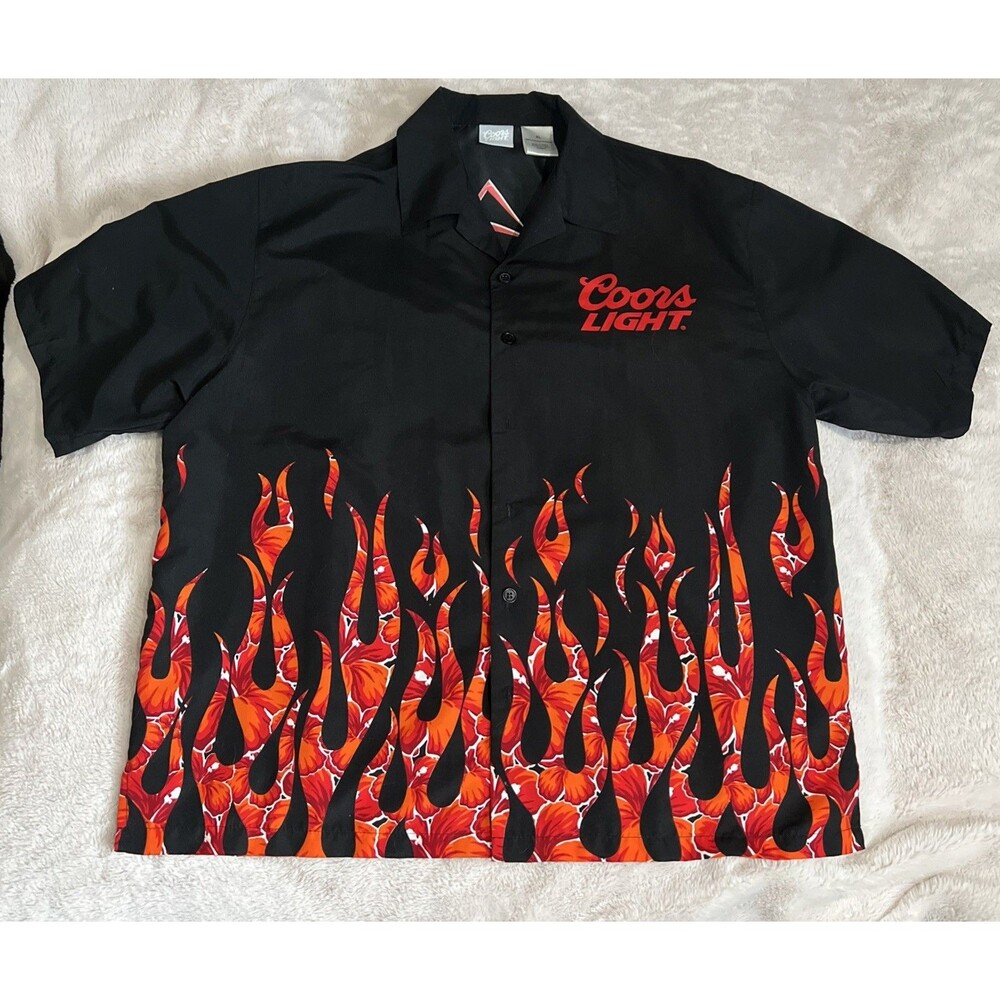 Coors Light Beer Hawaiiain Floral Flame Button Up Polyester Shirt Large L